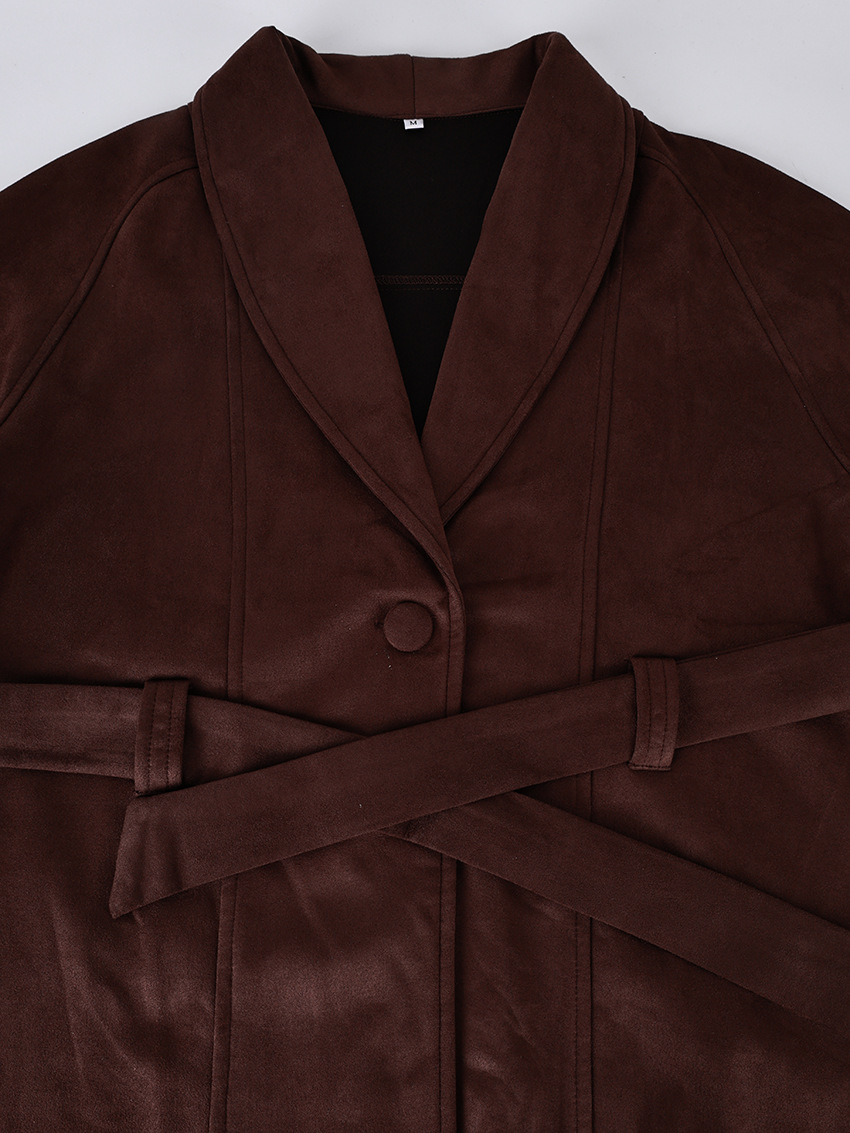 Women's Autumn/Winter Vintage-Style Faux Suede Jacket with Belt – Long-Sleeved, Brushed Finish