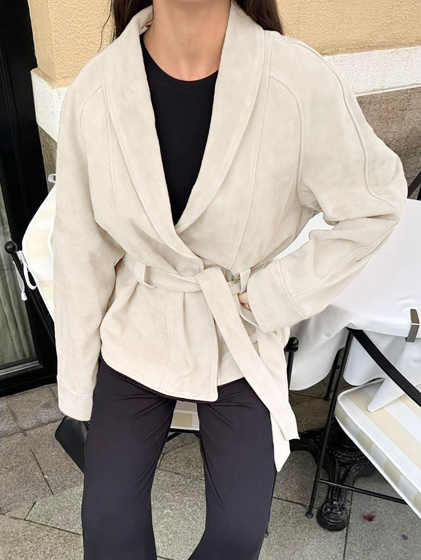 Women's Autumn/Winter Vintage-Style Faux Suede Jacket with Belt – Long-Sleeved, Brushed Finish