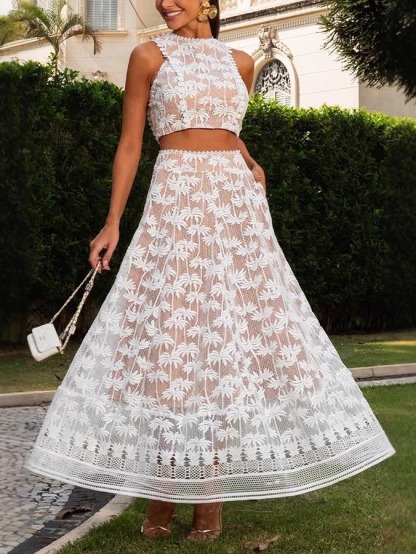 Elegant Lace Tung Palm Pattern Midi Skirt