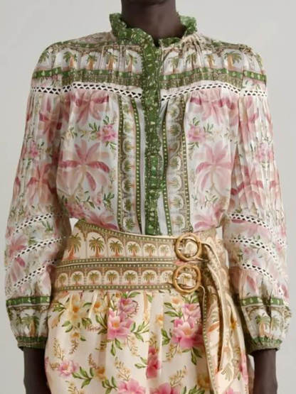 Retro Charm Crochet Trim Pleated Floral Patchwork Shirt
