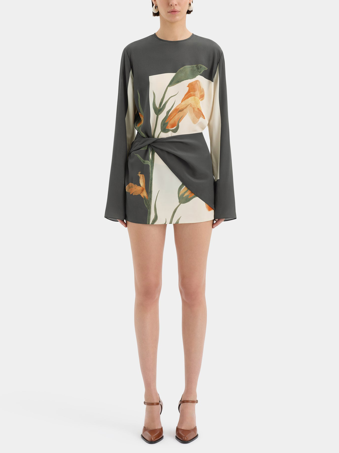 Unique Floral Print Satin Long Sleeve Mini Dress