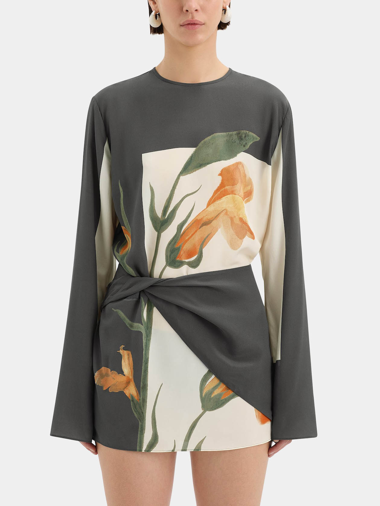 Unique Floral Print Satin Long Sleeve Mini Dress