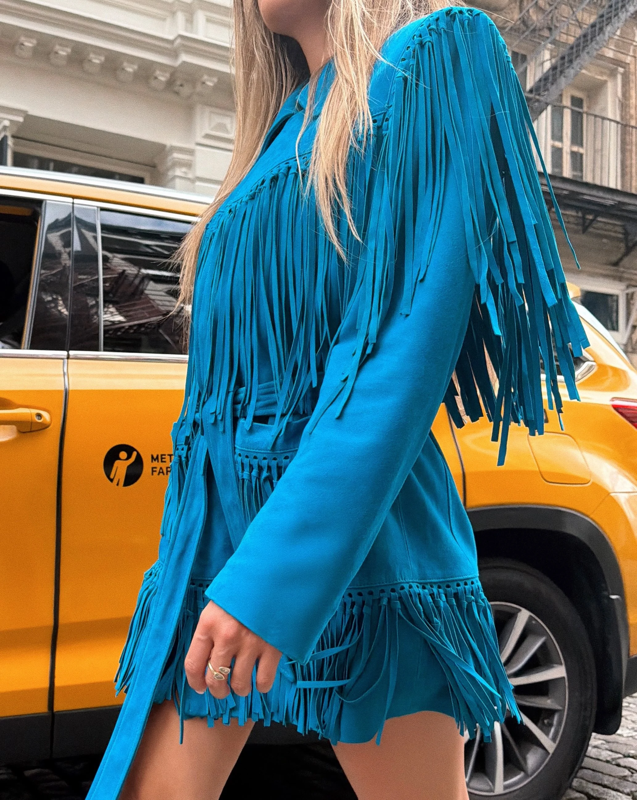 Western Fringe Suede Long Sleeve Belted Lapel Mini Dress in Blue