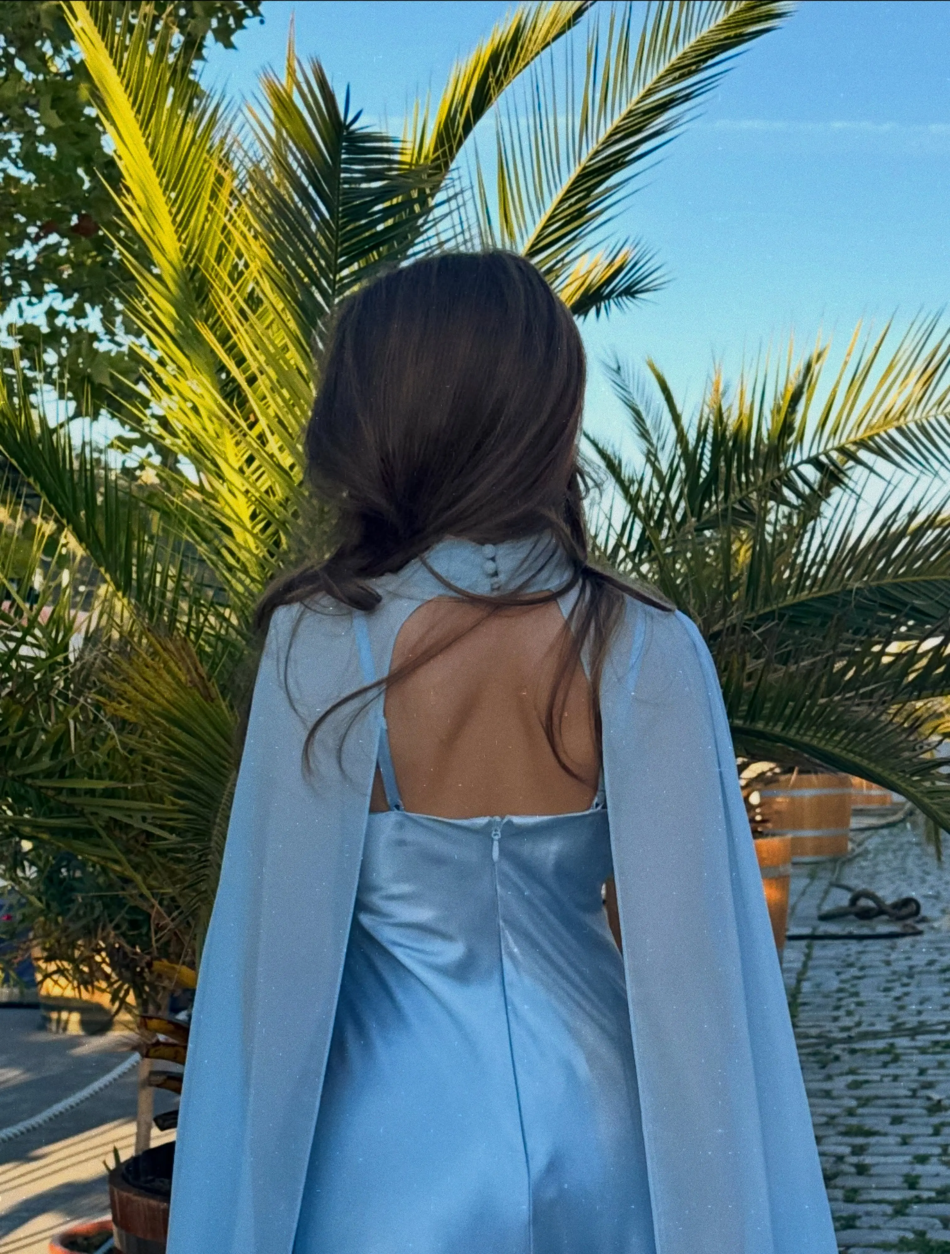 Light Blue High Neck Capelet Satin Maxi Dress Elegant Formal Evening Gown