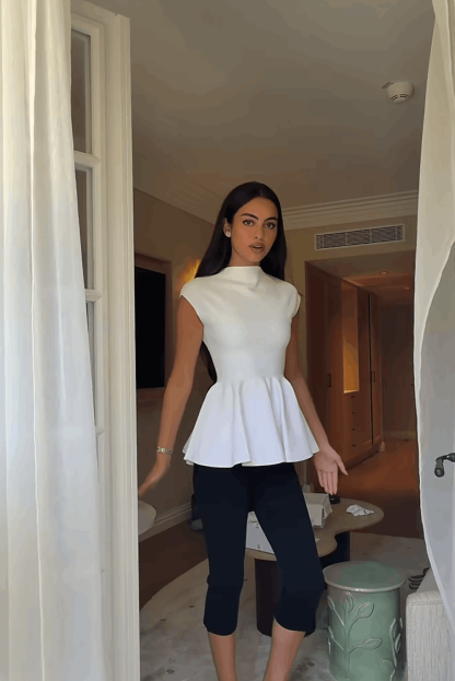 White Mock Neck Cap Sleeve Peplum Knit Top