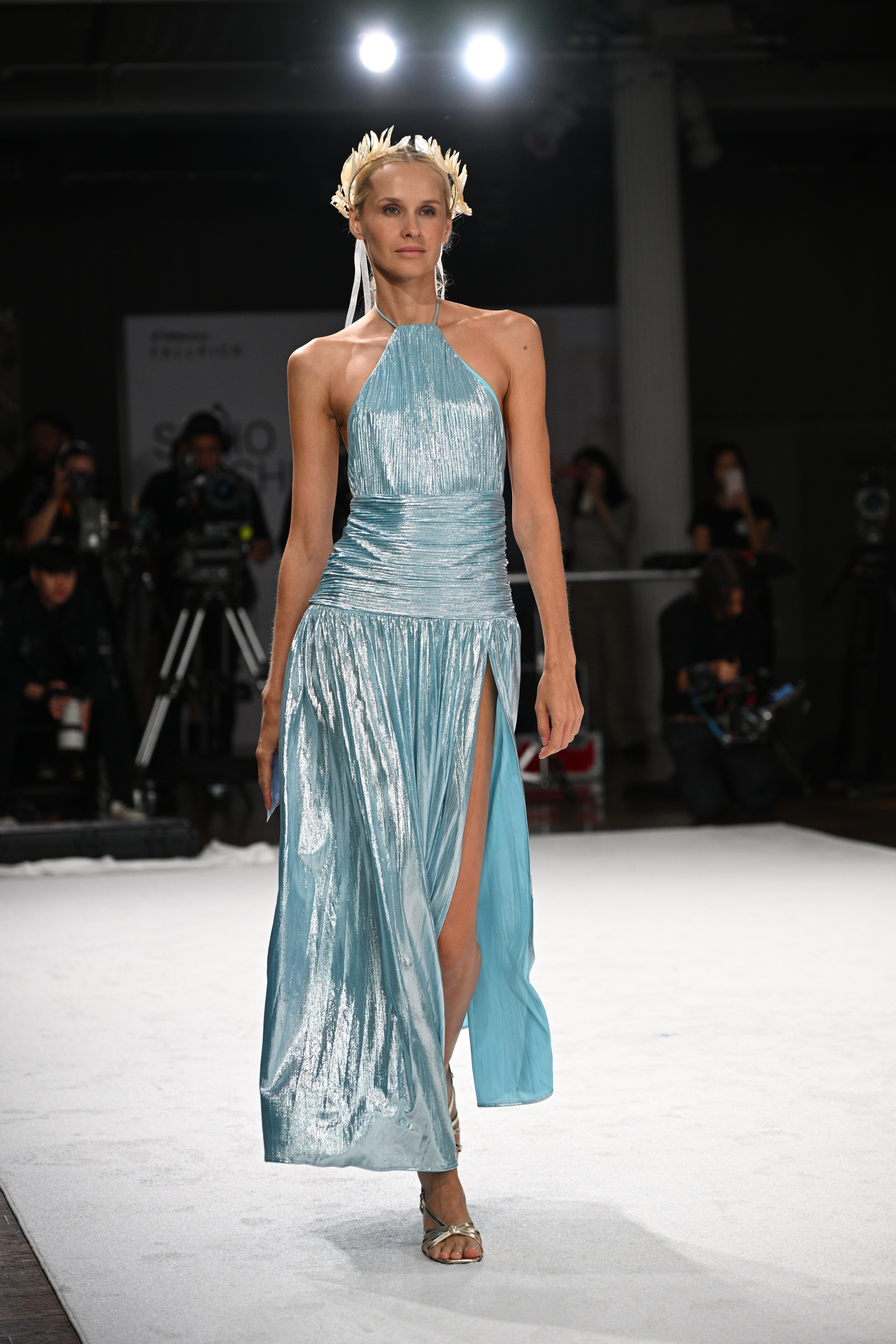 Elegant Metallic Pleated Halter Neck Maxi Dress