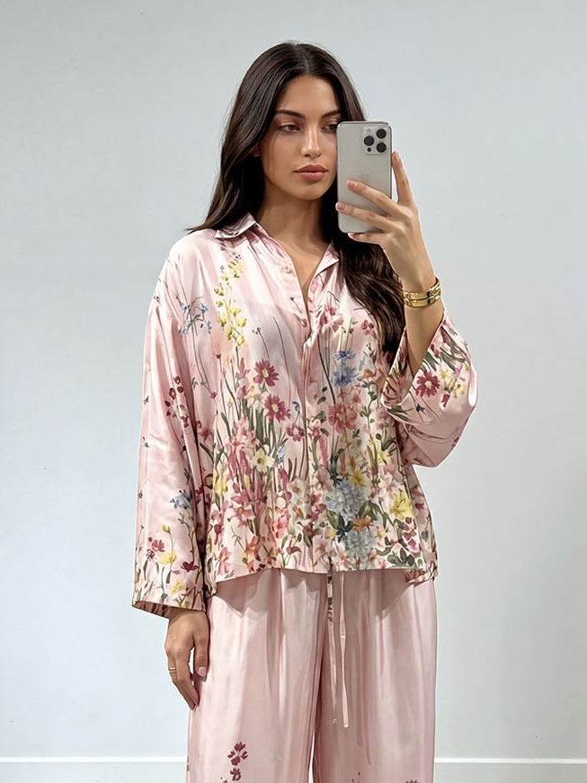 Elegant Floral Print Satin Wide Leg Pants
