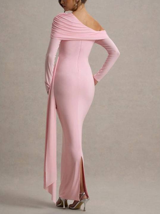 Slant Shoulder Ribbon Design Maxi Dress