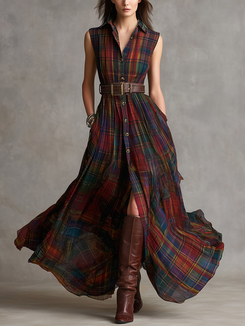 Casual Colorful Plaid Sleeveless Maxi Dress