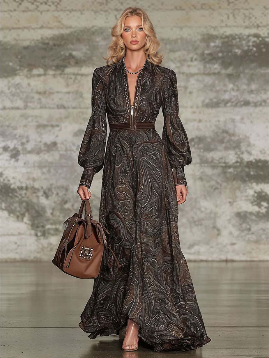 Retro Paisley Print Zipper Maxi Dress