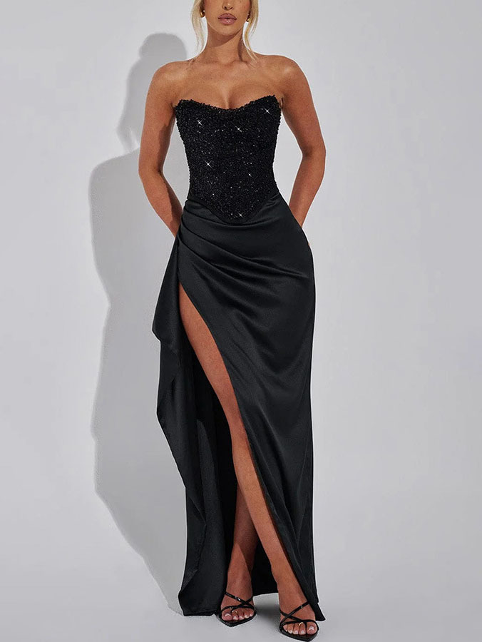 Elegant Sequined Hip-hugging Slit Maxi Skirt