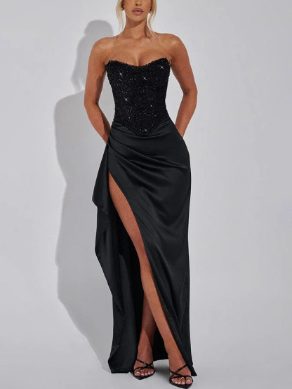 Elegant Sequined Hip-hugging Slit Maxi Skirt