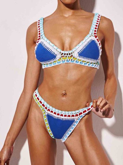 Fashionable Contrast Crochet Bikini Swimsuit Set