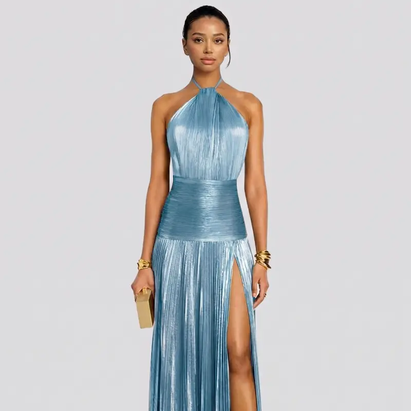 Elegant Metallic Pleated Halter Neck Maxi Dress