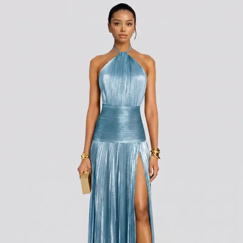 Elegant Metallic Pleated Halter Neck Maxi Dress