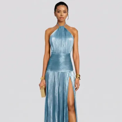Elegant Metallic Pleated Halter Neck Maxi Dress