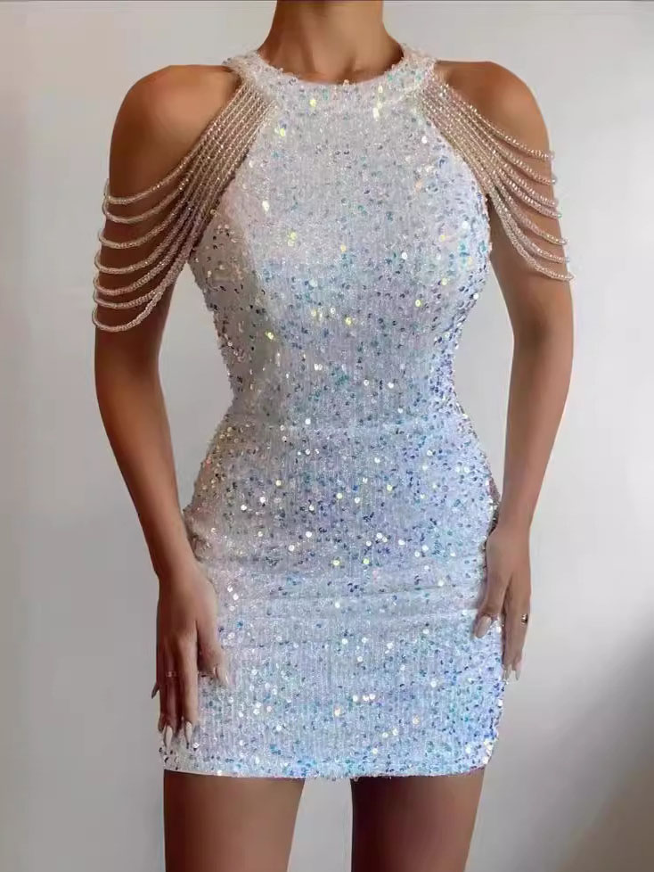 Elegant Crystal Chain Sequin Mini Dress