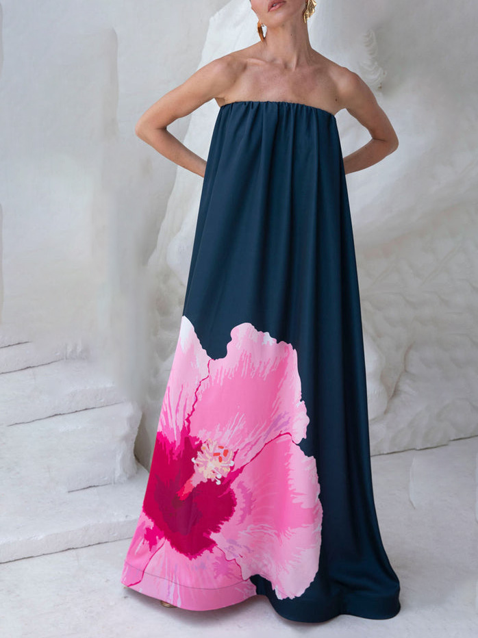 Strapless Hibiscus Print Puffy Maxi Dress