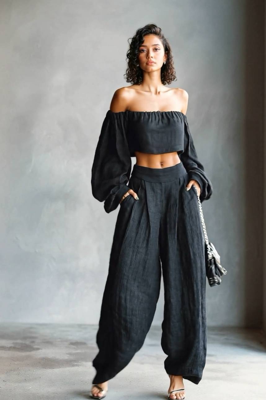 Off-Shoulder Short Top And Wide Leg Pants Set