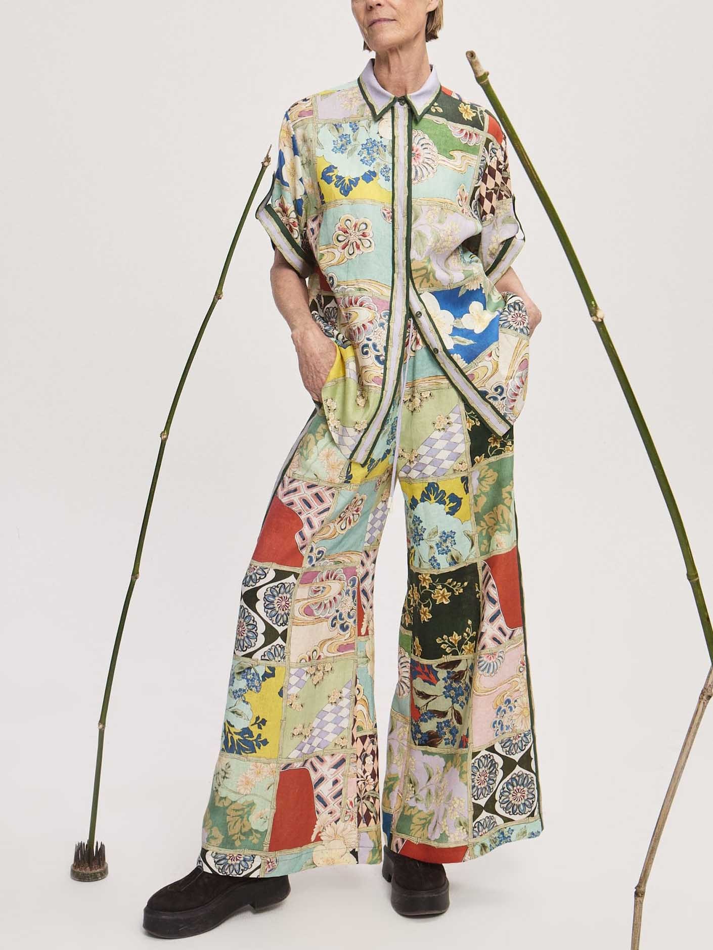 Vintage Artisan Patchwork Print Wide Leg Pants