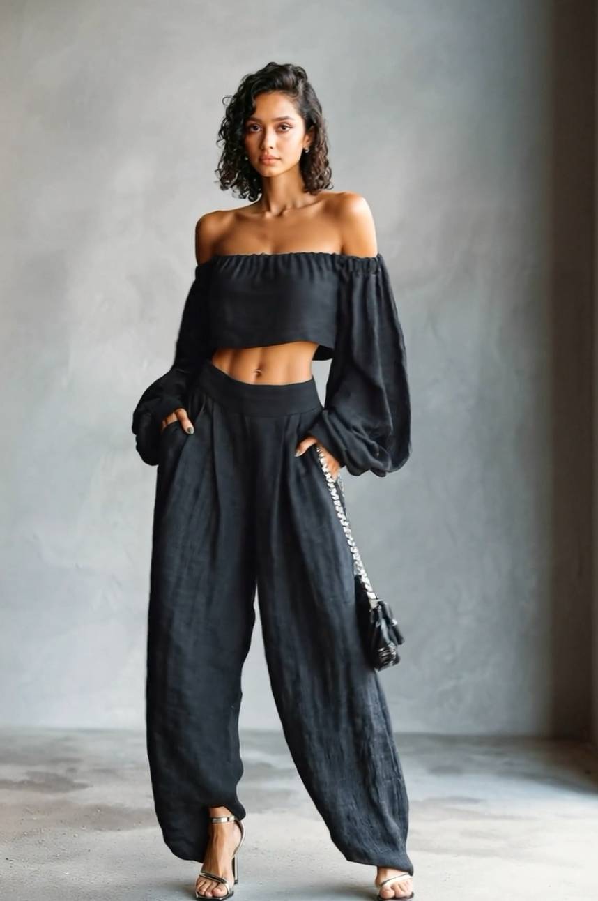 Off-Shoulder Short Top And Wide Leg Pants Set