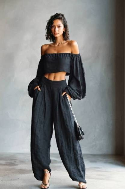 Off-Shoulder Short Top And Wide Leg Pants Set