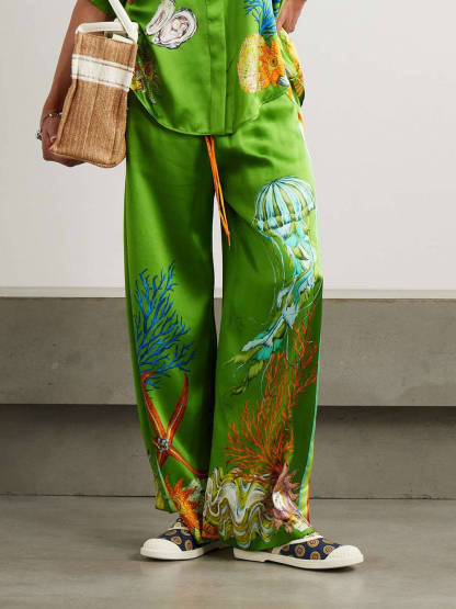 Classic Modern Feel Unique Satin Ocean Animal Print Drawstring Elastic Pocket Wide Leg Pants