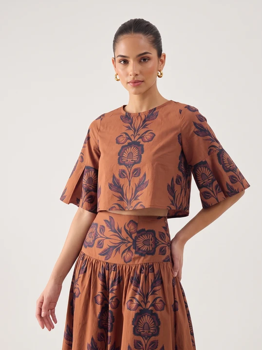 Folk Floral Print Fit-and-Flare Midi Dress
