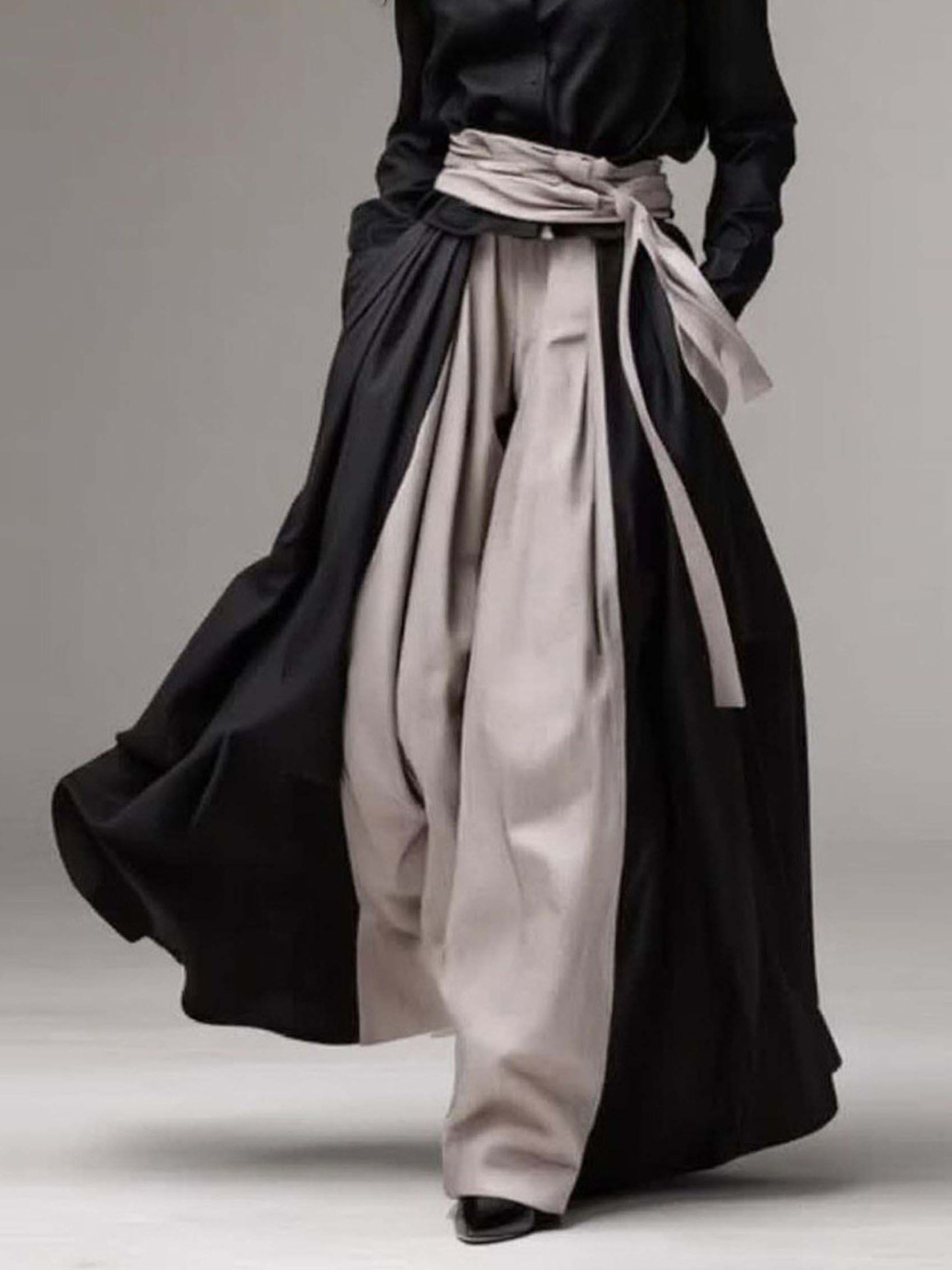 Elegant Contrast-Waist Shirt & Wide-Leg Pants Two-Piece Set