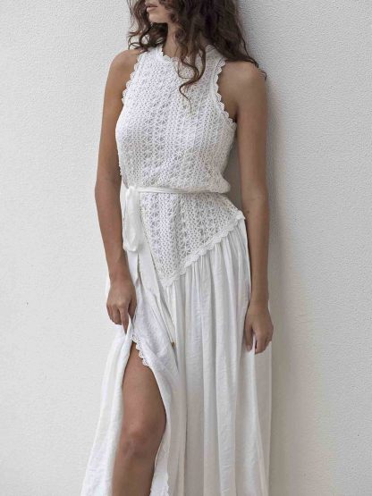 Elegant Casual Lace Panel Slit Midi Dress