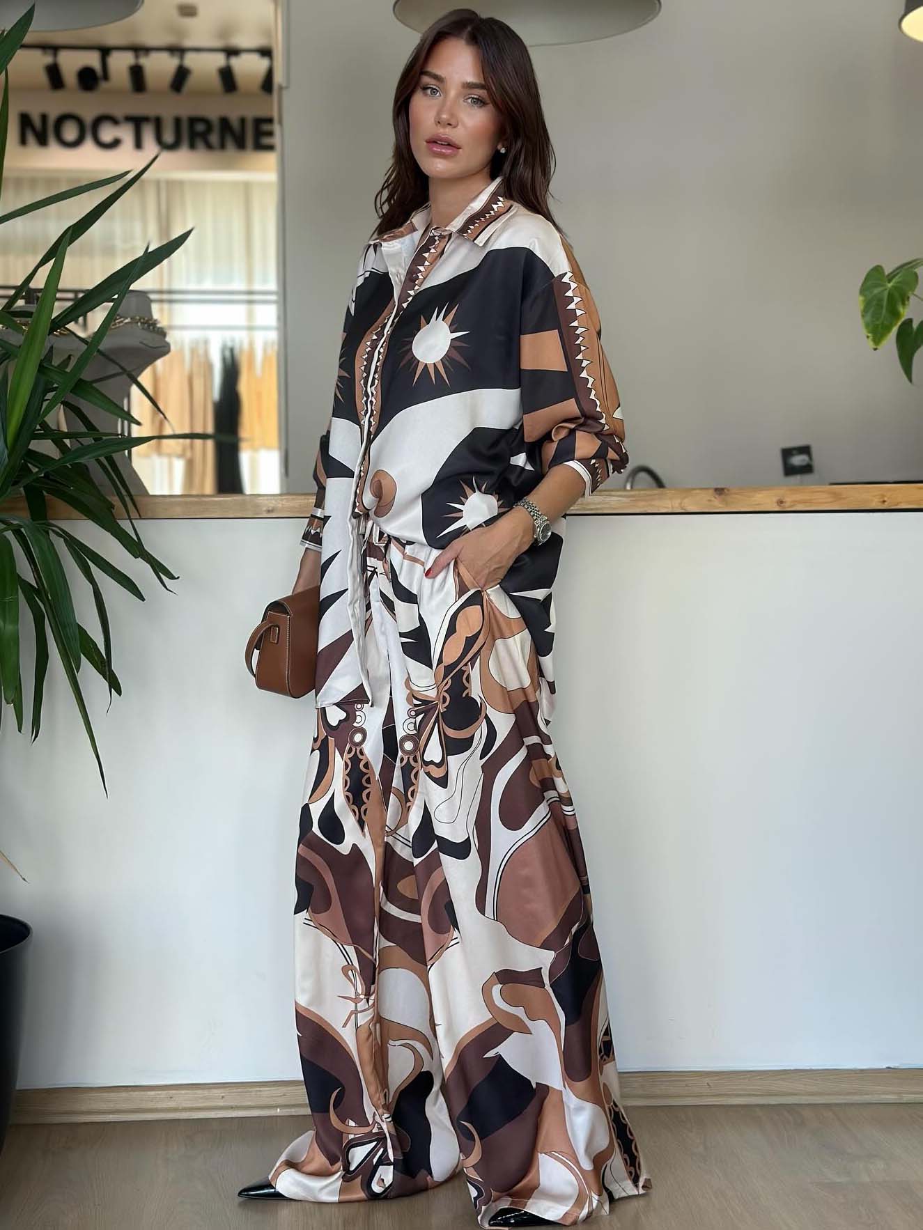 Unique Abstract Sun Print Satin Shirt