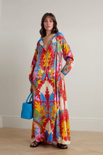 Boho Ethnic Print Loose Pocket Maxi Dress