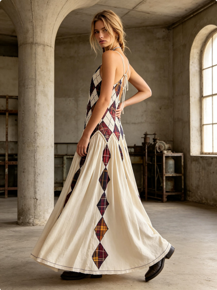 Rhomboid Patchwork Waist Long Dress
