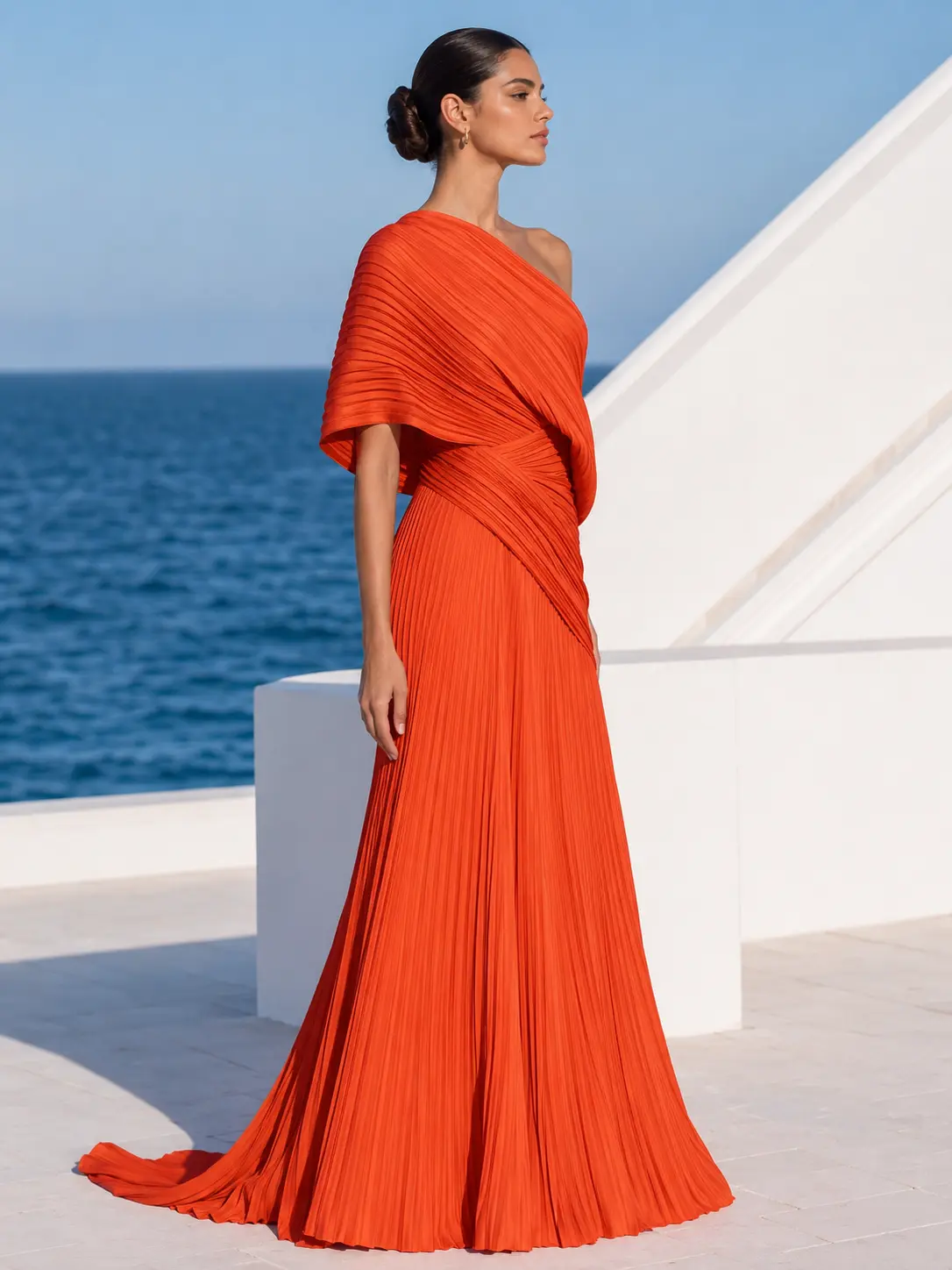 Vibrant Orange One-Shoulder Pleated Maxi Dress – Grecian Gown