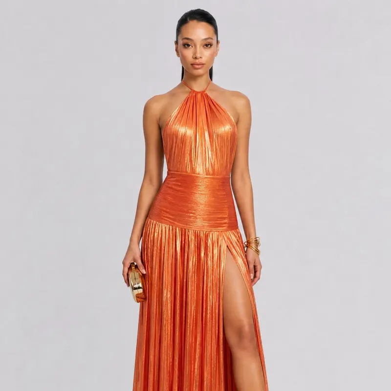 Elegant Metallic Pleated Halter Neck Maxi Dress