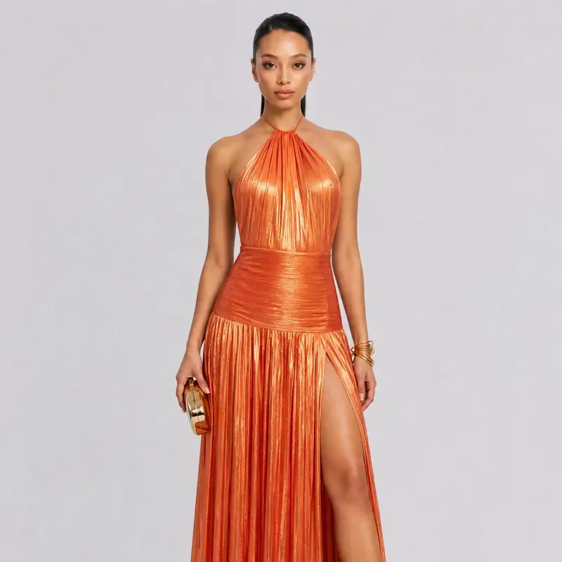 Elegant Metallic Pleated Halter Neck Maxi Dress