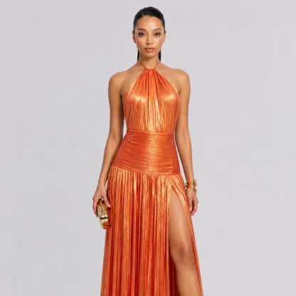 Elegant Metallic Pleated Halter Neck Maxi Dress
