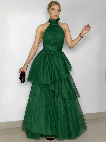 Elegant Halter Neck Mesh Layered Maxi Dress