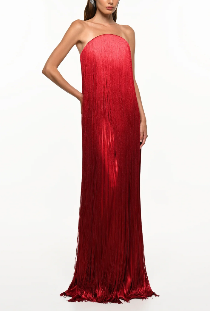 Elegant Strapless Fringe Formal Maxi Dress