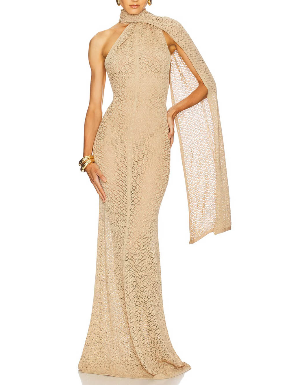 Exquisite Backless Mesh Wrap Scarf Detail Knit Maxi Dress