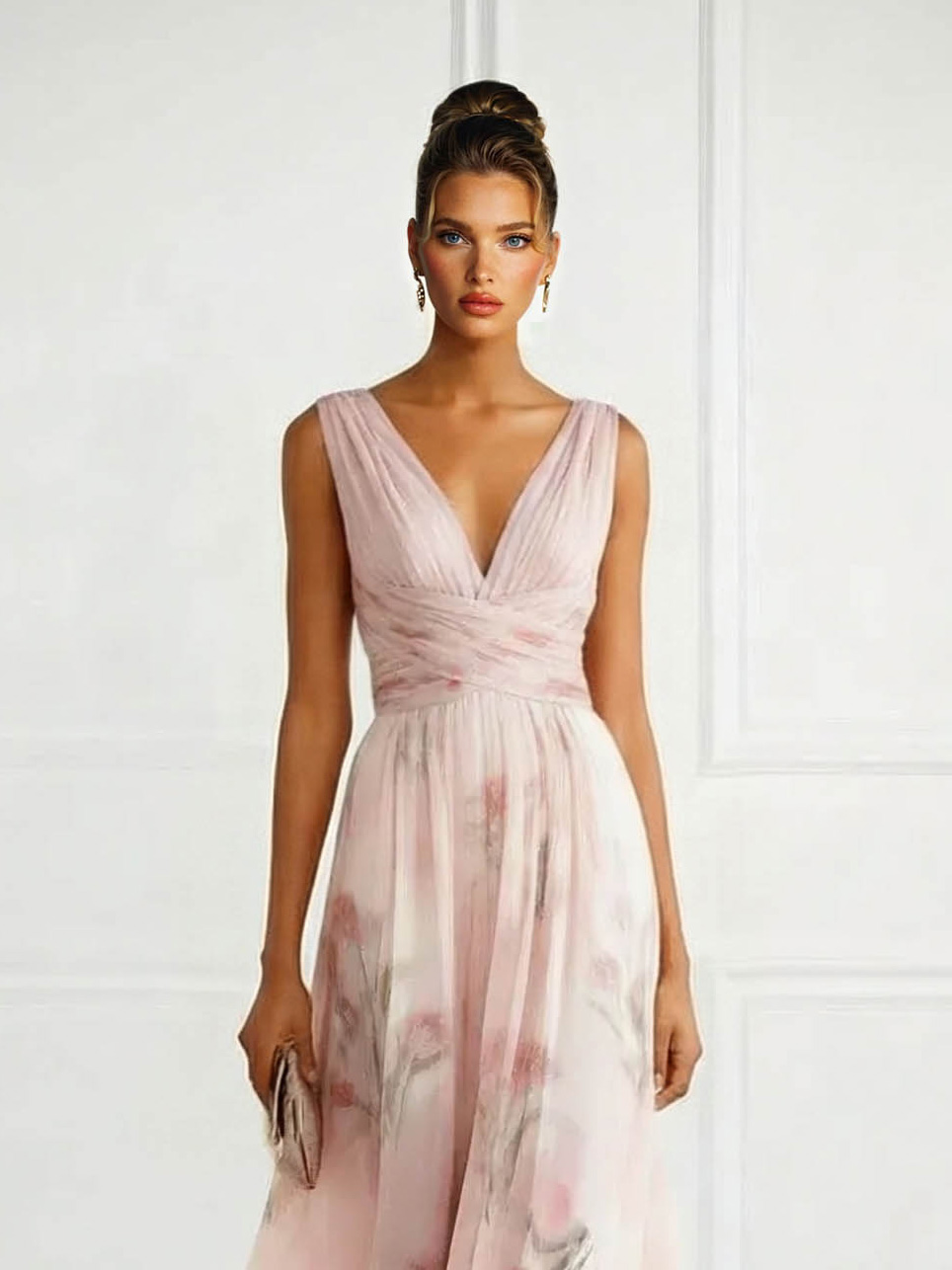 Elegant V-Neck Floral Print Tulle Maxi Dress