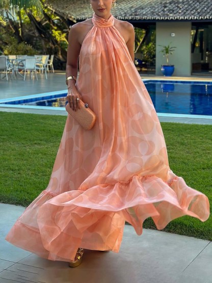 Halter Neck Bright Geometric Print Maxi Dress