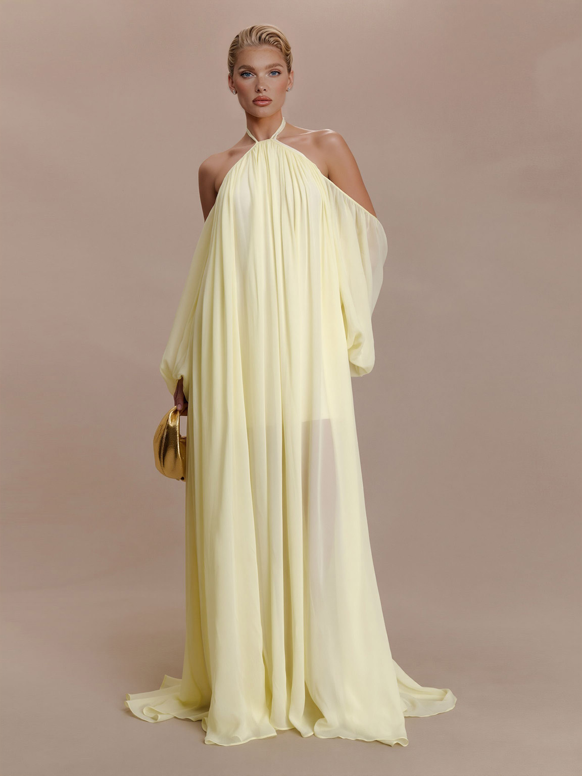 Elegant Halter Neck Draped Chiffon Maxi Dress