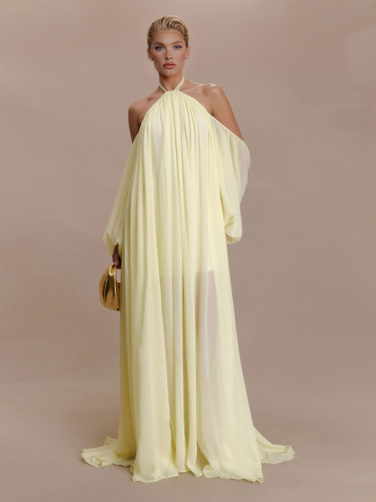 Elegant Halter Neck Draped Chiffon Maxi Dress