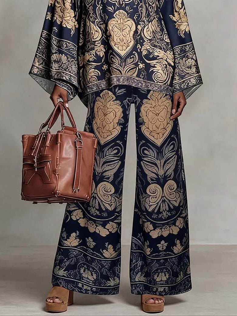 Retro Baroque Print High Neck Batwing Sleeve Two-Piece Set