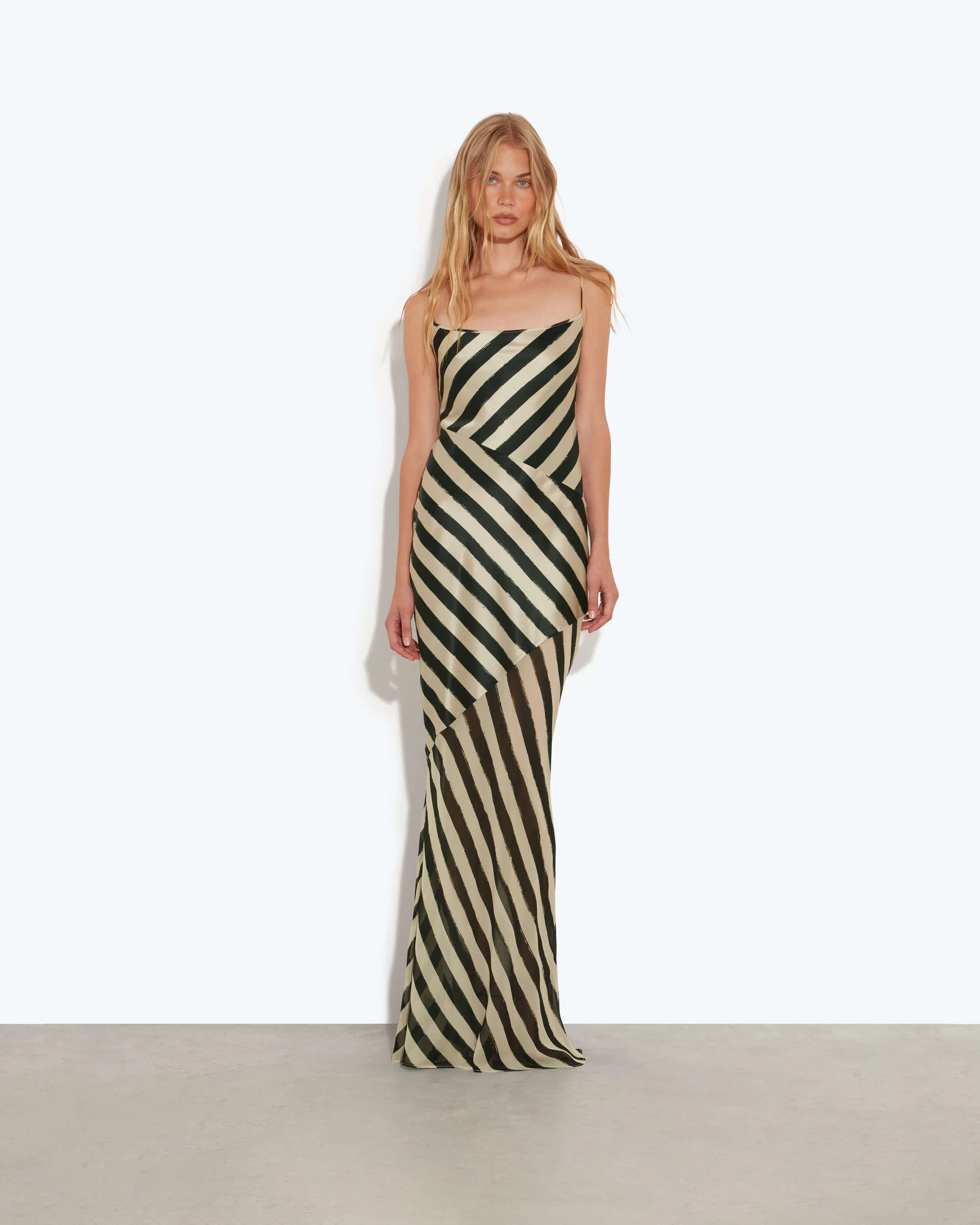 Beige & Black Diagonal Stripe Maxi Dress – Bias-Cut Satin Slip Gown
