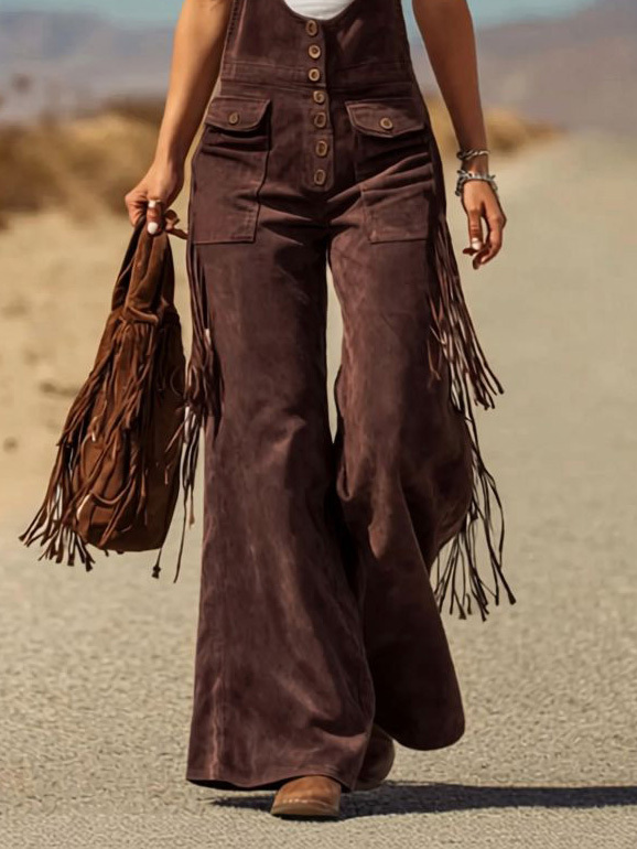 Retro Faux Suede Flared Overalls