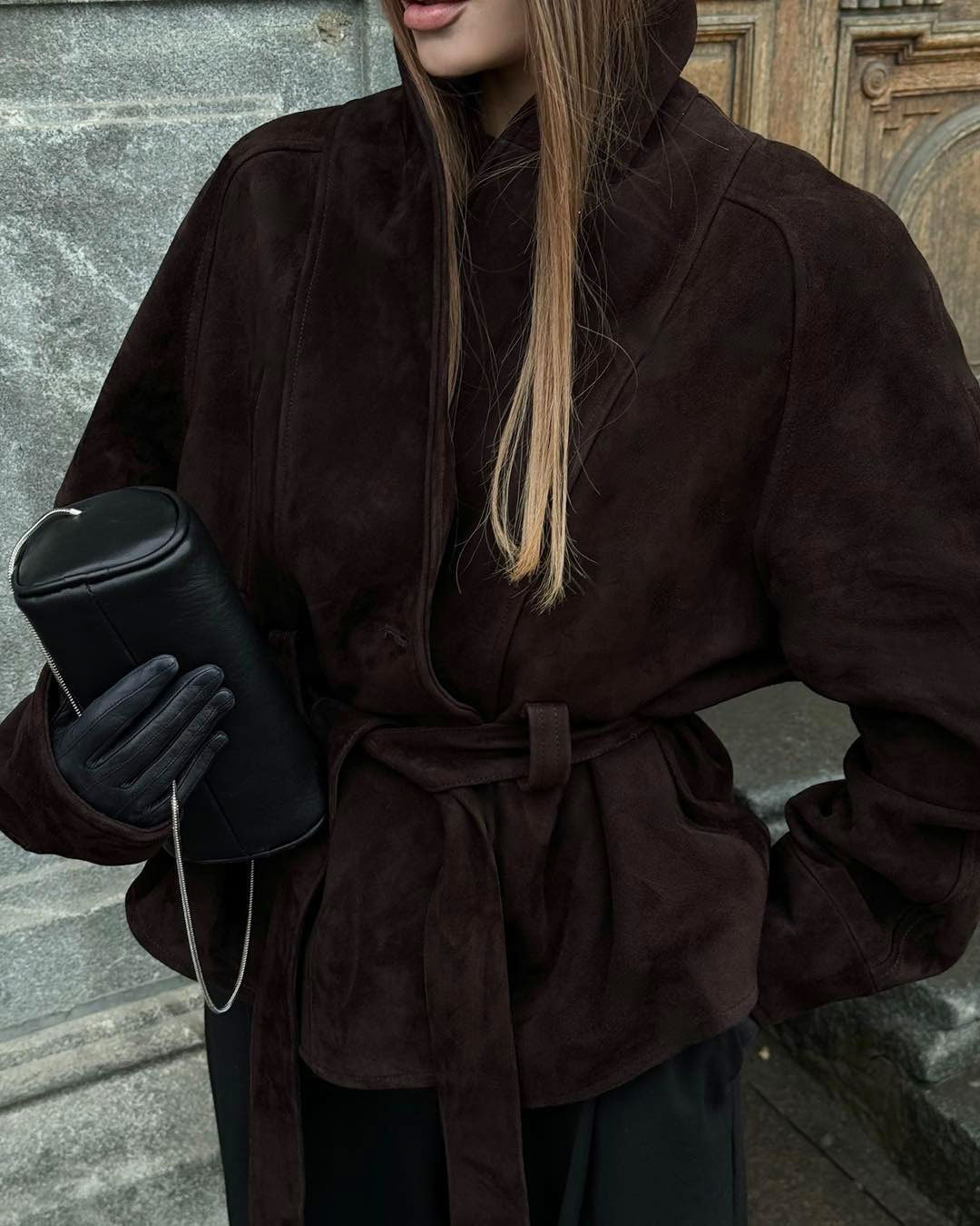 Women's Autumn/Winter Vintage-Style Faux Suede Jacket with Belt – Long-Sleeved, Brushed Finish