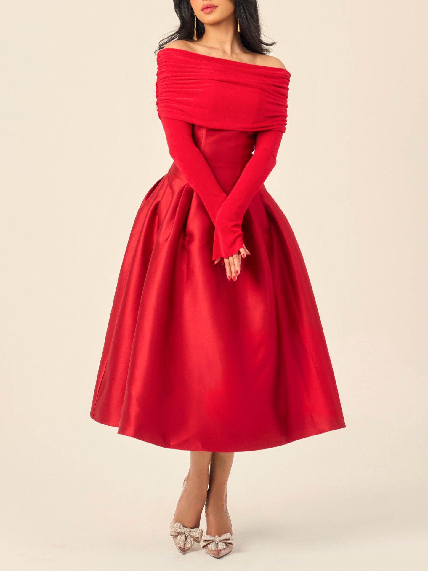 Elegant Off-Shoulder Satin Midi Dress