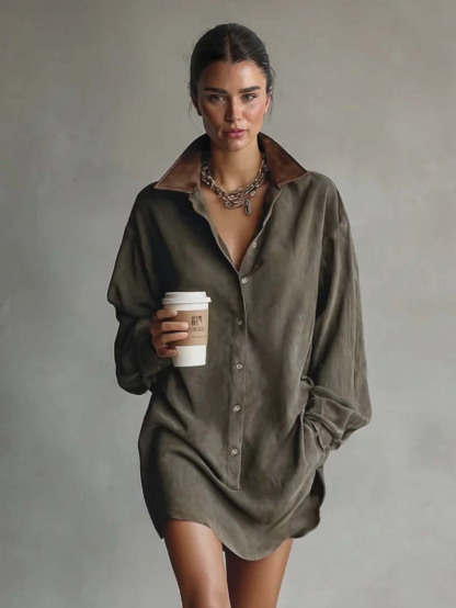Casual Loose Lapel Paneled Suede Mini Dress